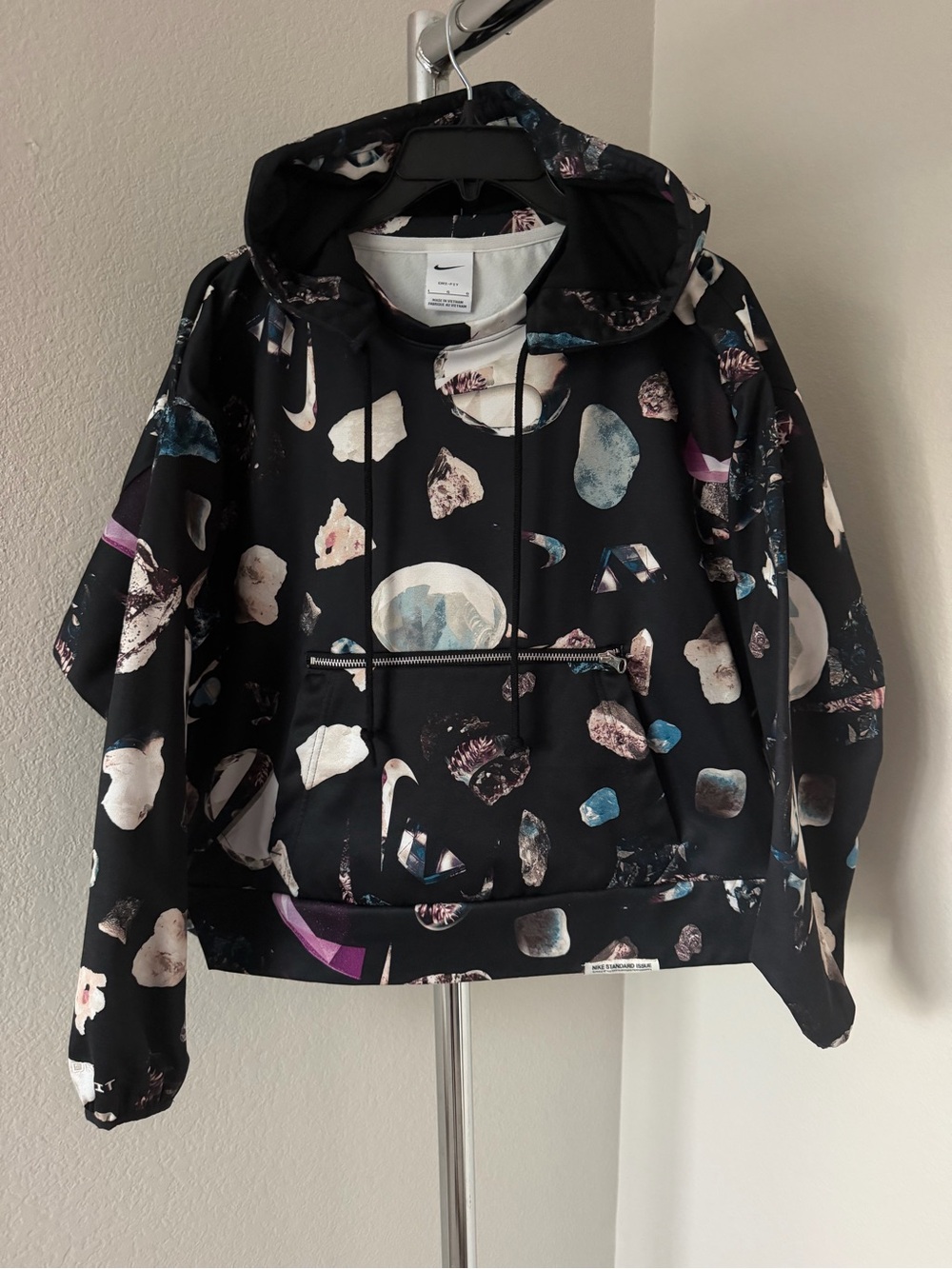 Nike Black Printed Hooded Bomber Jacket with Multicolor Accents